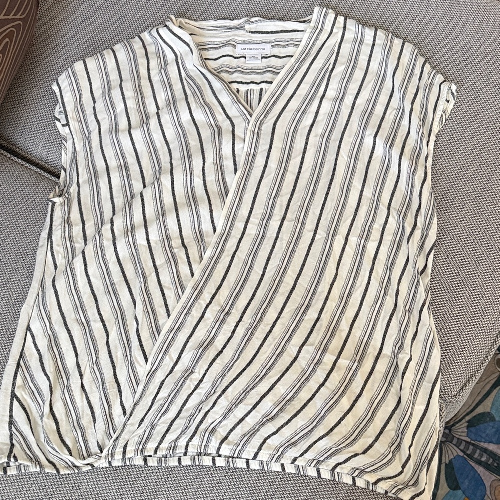 Liz Claiborne Cream and Black Striped Wrap-Front Blouse